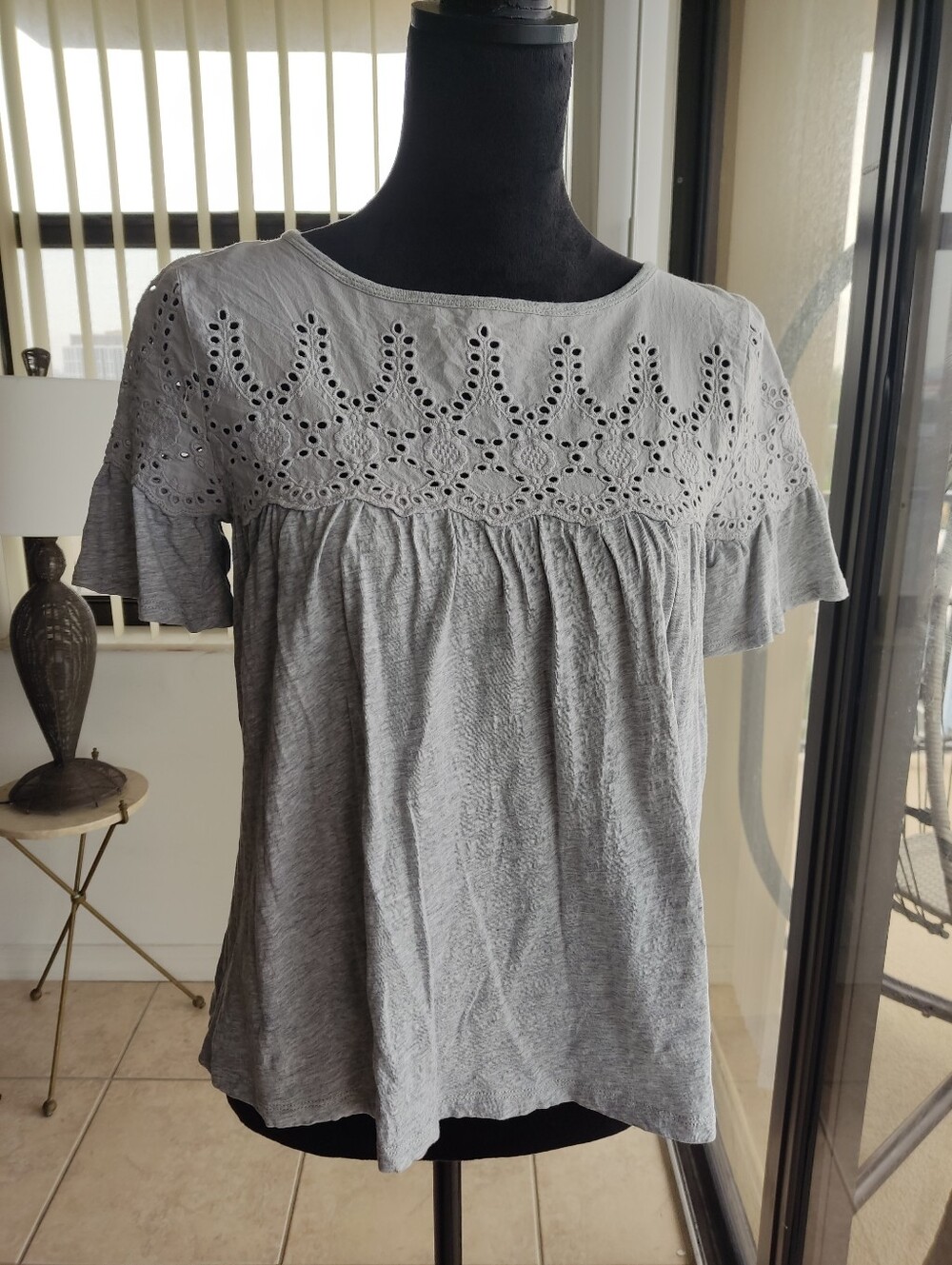 J. Crew Gray Eyelet Yoke Short Sleeve Women's Top Size XS